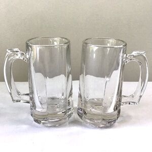 Vintage 80s Libbey Glass Beer Mugs Heavy Clear Paneled Steins Thumb Rest Handles